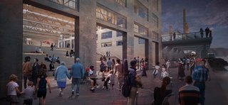 Shown here is the Mill O Visitor Center and Pipe Chase Porch. Visible from Main Street and commanding a presence from the water, Mill O—a historic extension to the Oregon City Woolen Mill—will be well-positioned to serve as the riverwalk’s visitor center. 