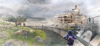 Shown here is the Clarifier Landscape and PGE Dam Promenade. A proposed walkway leads to the clarifier, a water quality treatment structure once used by Blue Heron Paper to treat waste water from its paper making processes. The landscape interior of the clarifier is inspired by the region’s oak savanna habitat featuring characteristic Oregon oak and camassia plantings, as well as basalt salvaged from the site.