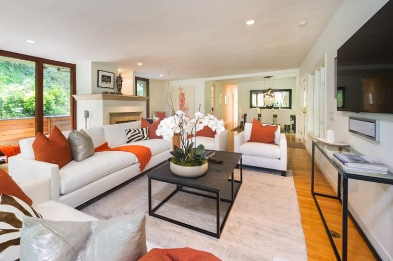 The open plan living room has great space for entertaining.