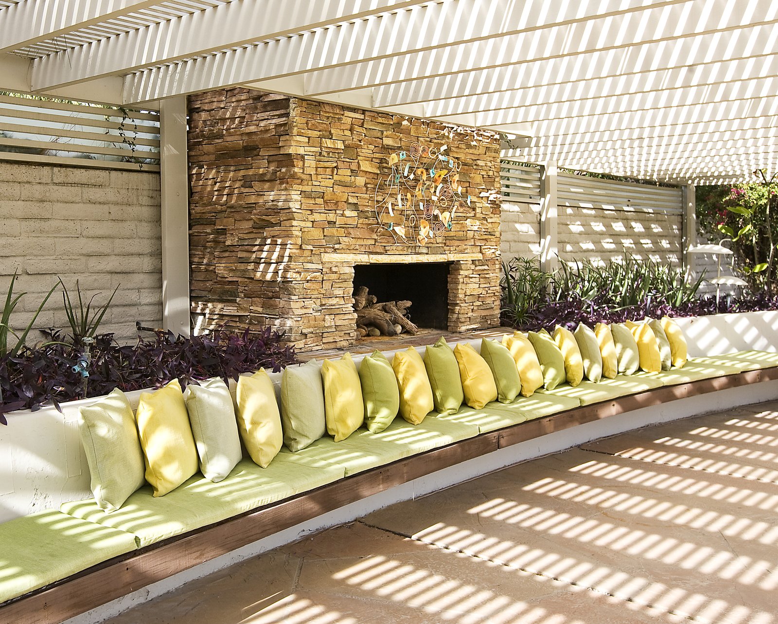 The stacked stone fireplace is perfect for entertaining on cool desert nights.