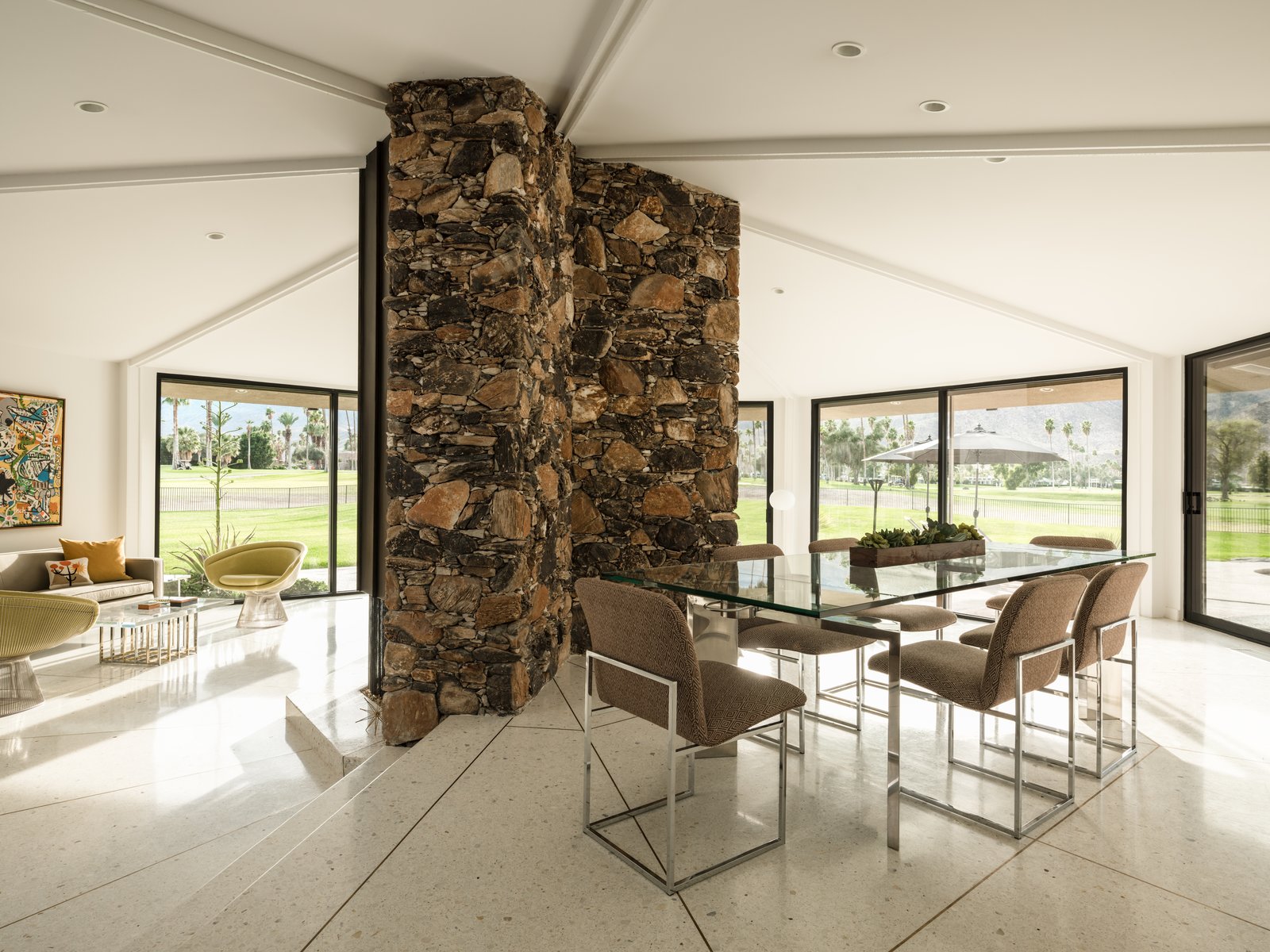 A view of the open dining and living space.