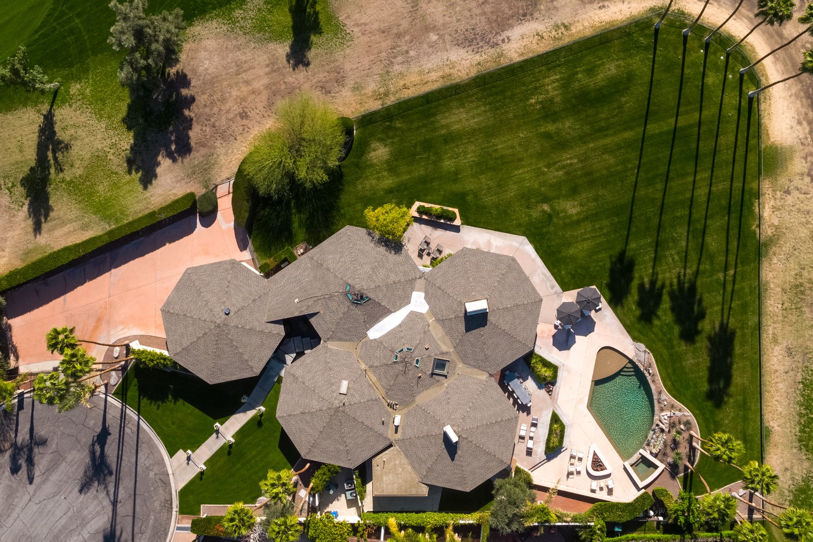 An arial view of the property clearly illustrates the five attached pods.