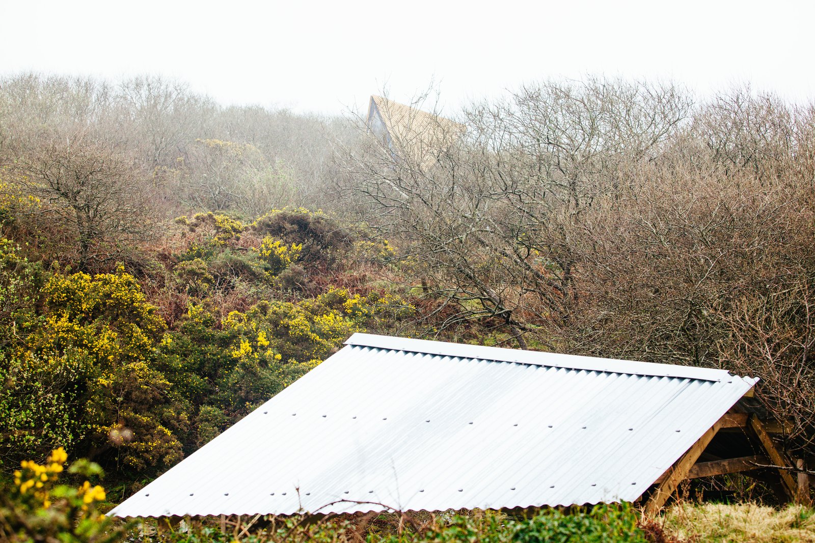 A view of the Kudhva rooflines against the Cornish countryside.