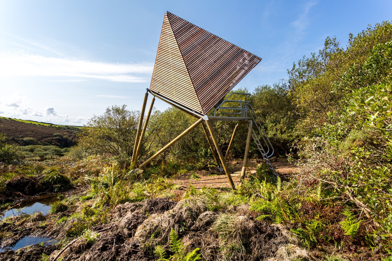 A larch slatted skin covers the cabin that is elevated above the ground on turned pine poles.