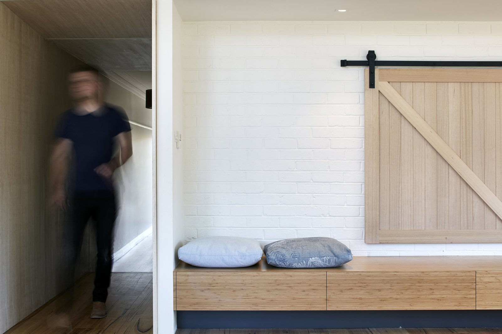 The bench also contains drawers for storage.