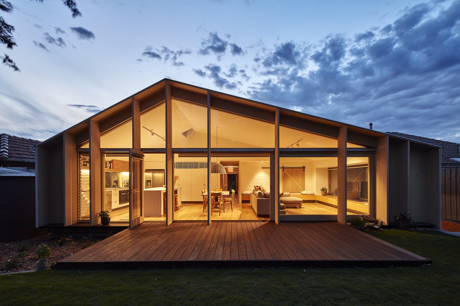 A view of the extension at night.