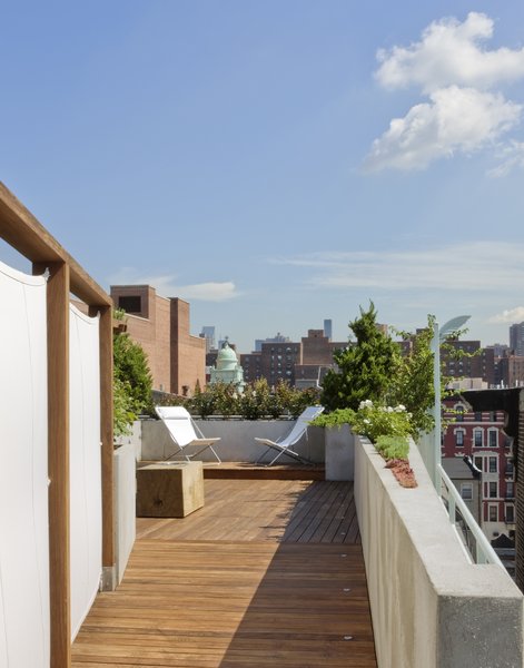 A view from the connecting ramp towards the upper level of the roof deck. A custom Portland cement stucco planter wall tapers in a wedge shape continuing the line of the building parapet. Military surplus canvas screens are on the right. These are removable allowing access to existing service areas on the roof. Photo 4 of East Village Roof Garden modern home