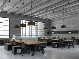 Glass dividers are available in a white, smoked, or frosted finishes, and felt dividers come in charcoal, gray, or natural tones. Above, the Uhuru Black metal legs on the natural oak bench have a split profile.