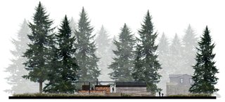 AutoCamp’s Modern Clubhouse Emerges from the Russian River Redwoods - Photo 4 of 6 - A view of the east elevation demonstrates how the configuration allows the indoors and outdoors to intersect. During inclement weather, curtains deploy from the ceiling and enclose the space like tent walls.