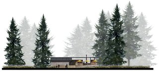 AutoCamp’s Modern Clubhouse Emerges from the Russian River Redwoods - Photo 5 of 6 - Behind the patio umbrellas dotting the west elevation, a suspended steel fireplace creates an inviting environment.
