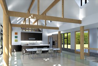 A rendering illustrates the loft, which the homeowners plan to use as a reading room, overlooking the living area. Keeping things contemporary, they have chosen white countertops, black cabinetry, and stainless steel appliances for the kitchen. The wooden supports have been swapped out for black steel poles.