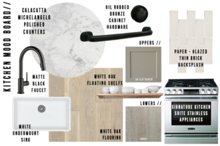 A Sneak Peek Into an Interior Designer's "No Ordinary Kitchen" Renovation - Photo 2 of 8 - The kitchen mood board features a unified palette of warm beige, gray, and white; the matte black faucet topping the sink and oil-rubbed bronze cabinet hardware provide a stark contrast. Against this backdrop, stainless steel appliances by Signature Kitchen Suite offer a material and chromatic departure. "Tell me that’s not the swankiest range you’ve ever laid your eyes on!" writes Lewis. 