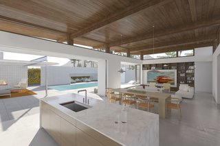Dwell x Turkel Design: Breaking Ground in Palm Springs - Photo 2 of 3 - In recognition of the holiday attitude that pervades Palm Springs, the pool area will incorporate a screen wall that provides a surface for projection and reflects on the water for a festive vibe.