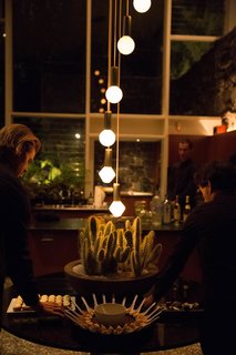 A touch of the California landscape is illuminated by a series of pendant lights—the two lowest bulbs are original.
