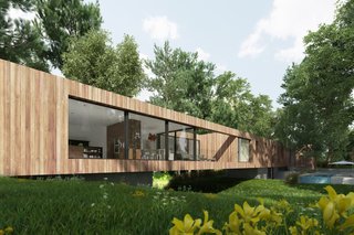 Dwell and Dan Brunn Architecture Take an Unconventional Approach With Bridge House - Photo 1 of 4 - Instead of a typical home that divides public and private space between levels, Bridge House uses the river as a natural demarcation between the two circulations. At the highest point over the river, an outdoor terrace doubles as the fulcrum of the building and provides a connection to the outdoors.