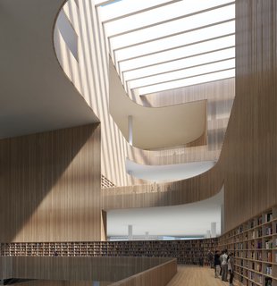 Schmidt Hammer Lassen Architects’ Winning Design For the Shanghai Library - Photo 4 of 7 - The wooden slats that line the central atrium are of varying transparency: "Some are open, some are semi-open, and some of solid with acoustic insulation in between," says Hardie.