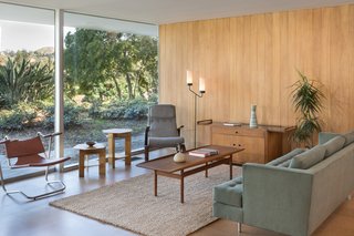 In the mid-fifties, modern residential architecture was suspect in the Eastern San Gabriel Valley. The Roberts family requested a ranch house, but Neutra steered his clients towards his vision. Mrs. Roberts wanted a low plaster ceiling throughout the home, which Neutra refused, choosing tongue-and-groove Douglas fir boards instead. He compromised with a plaster ceiling in the living room, pictured above. "Neutra wanted the roof flat, but Mrs. Roberts wouldn't have it, so it slopes just slightly on the north and south sides," says Cole.