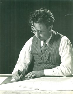 Alden B. Dow works at his drafting table in 1937, the year he wins the Diplome de Grand Prix for residential architecture at the Paris International Exposition. The fifth of Herbert and Grace Dow's seven children, Alden graduated from Midland High School and studied chemical and mechanical engineering at the University of Michigan before leaving for the Columbia University School of Architecture. In 1933, he spent a summer as a Taliesin Fellow under the tutelage of Frank Lloyd Wright, with whom he struck up a lifelong friendship.