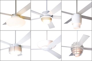 Taking Flight: A Dose of Brazilian Design Lifts the Ceiling Fan to New Heights - Photo 7 of 7 - From left to right, top to bottom: the Cloud, Solus, Halo, Pharos, Aurora, and Stella fans with integral lights previously used halogen or compact fluorescent lamps, and will soon be available with LED lighting. Ceiling fans that come with optional light kits will have LED solutions, too.