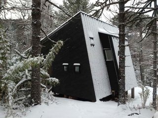 10 Modern Wintry Cabins We’d Be Happy to Hole Up In - Photo 6 of 10 - This winter retreat located in a forest in the Araucanía Region of Chile was designed by MC2 Arquitectos to face a small waterfall. One side features a large window, while the other walls has smaller windows that focus on specific views and provide ventilation for the house. Its painted brown exterior helps it blend into the surrounding landscape.