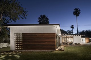 5 Striking Designs That Use Perforated Cement Breeze-Blocks in Interesting Ways - Photo 1 of 10 - A 585-square-foot addition to a midcentury-modern home in Arizona designed by The Ranch Mine included the reuse of perforated cement blocks, also known as breeze-blocks, on the front facade.