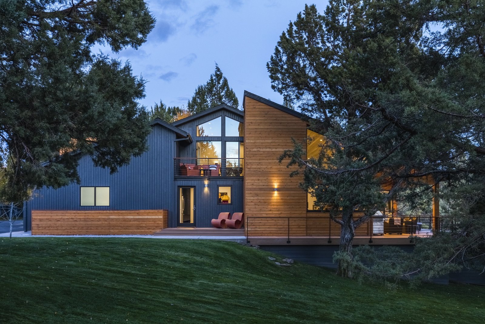 West Facade showing the different siding materials including knotty cedar shiplap.