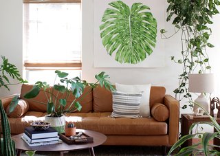 Hanging planters, potted plants, and Jenny's own vivid artwork bring life and color to her otherwise warm and neutral space. 
