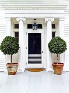 What's the Best Color to Paint Your Front Door? Your Guide to Finding The One - Photo 21 of 22 - When selecting a front door color, it's always important to be thoughtful of the surrounding colors and finishes, whether they are brick, wood, or even greenery. And if you're looking to integrate a black door with a white frame, there's no reason why can't split the difference with a few classic black-and-white stripes.