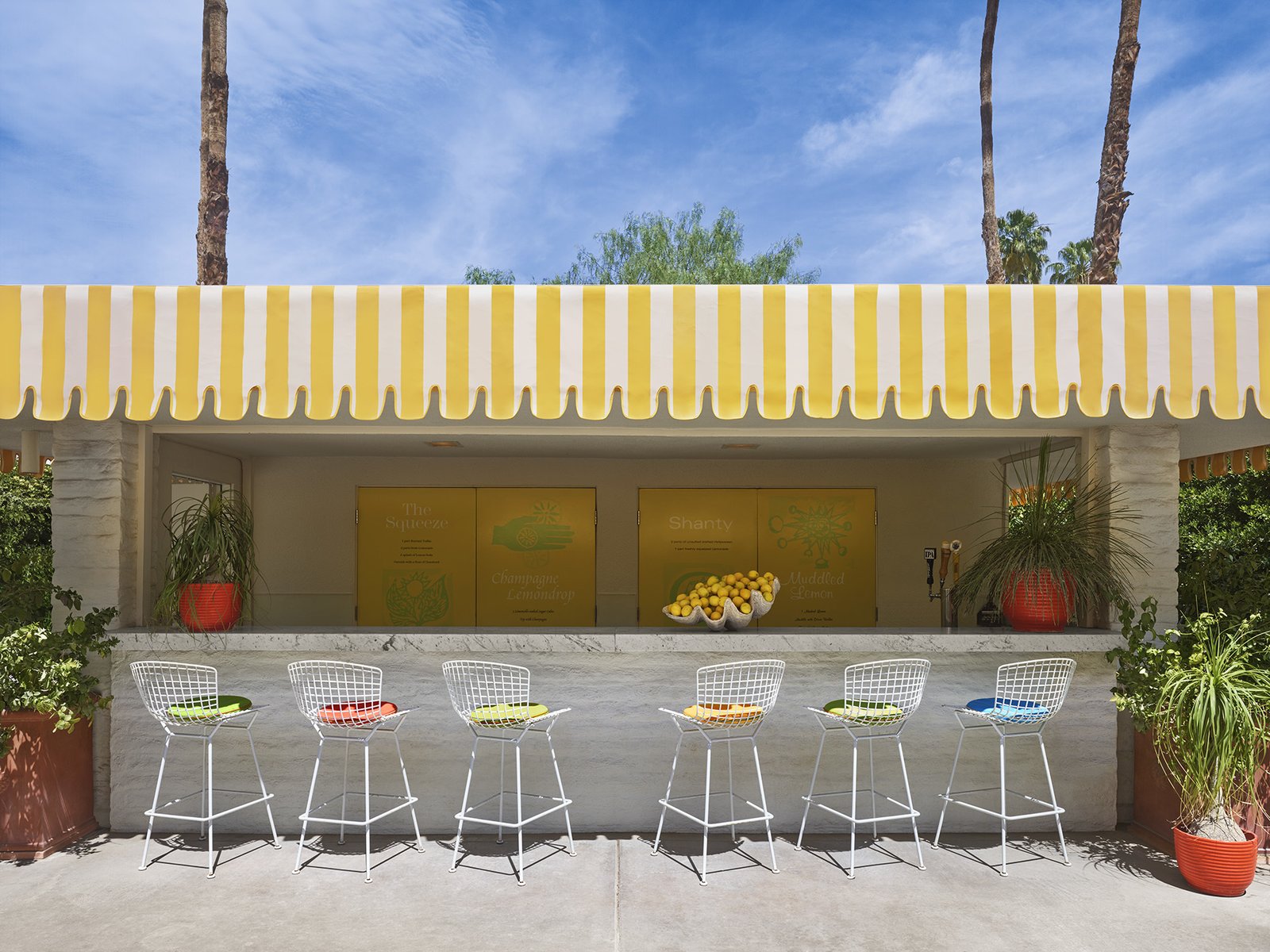The lemonade stand at the Parker Palm Springs, complete with Bertoia Barstools