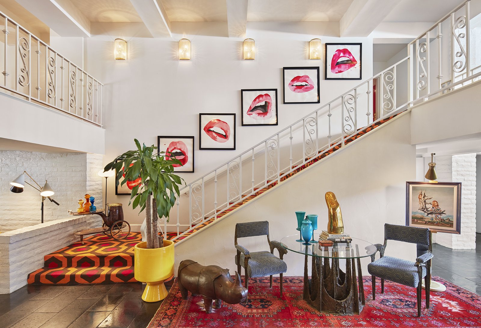 The stair carpeting in the foyer of the Parker Palm Springs was inspired by hallway flooring from the movie "The Shining."