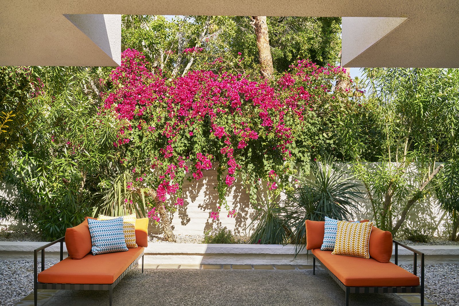 Lush, tropical landscapes designed by Judy Kameon blanket the Parker Palm Springs.