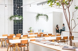 Long tables, an abundance of light, and a dark vector tapestry create a quirky combination that represents Figma's unique culture.