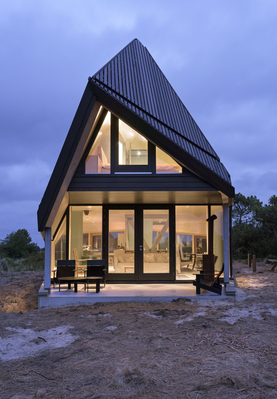 A covered porch on the ground floor.
