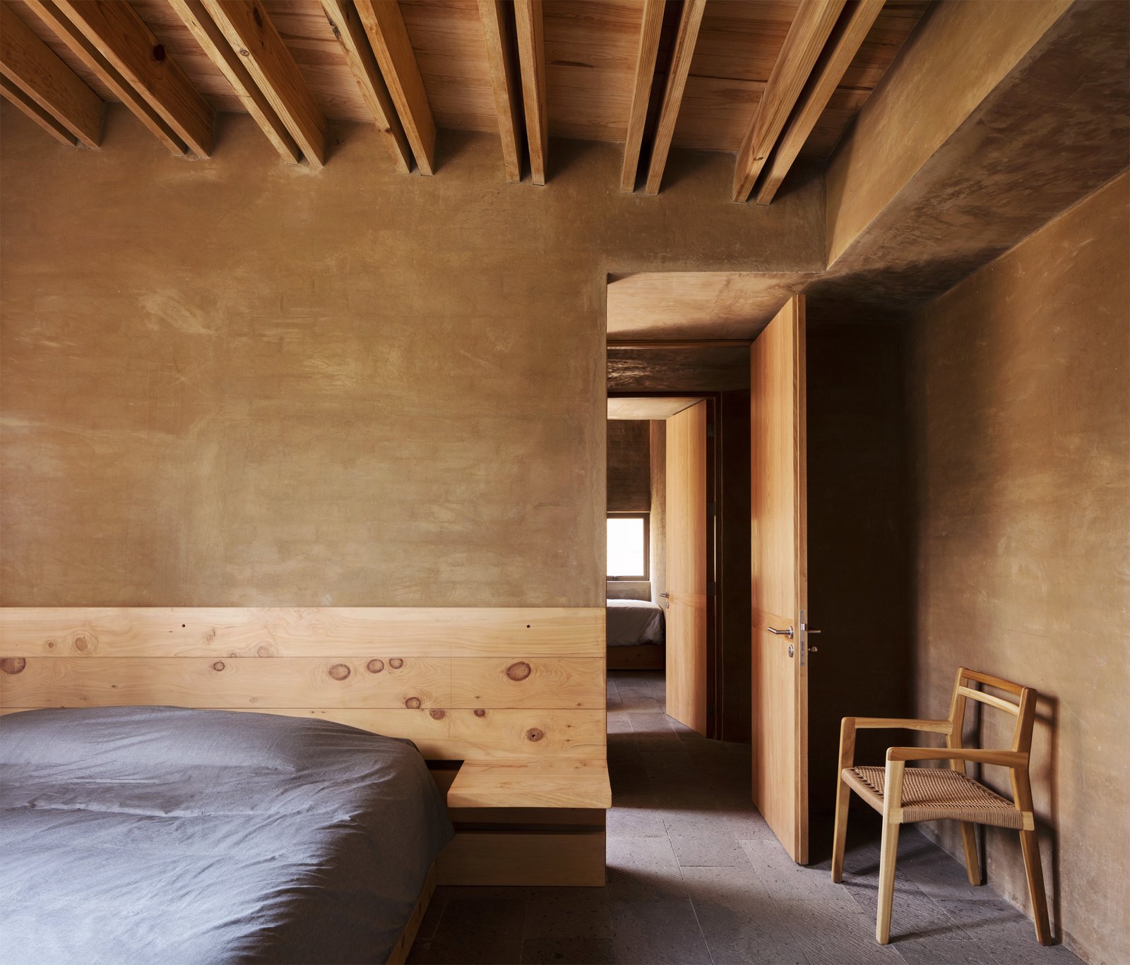 A built-in nightstand in the bedroom.