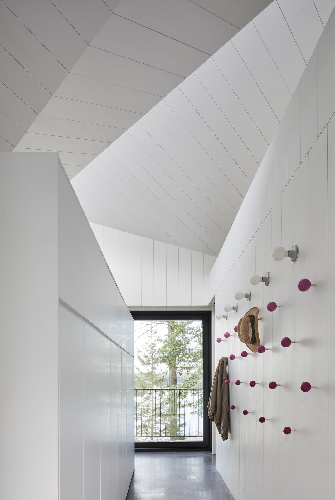 Colorful scattered coat hooks by the architect-designers Julia Jamrozik and Coryn Kempster.