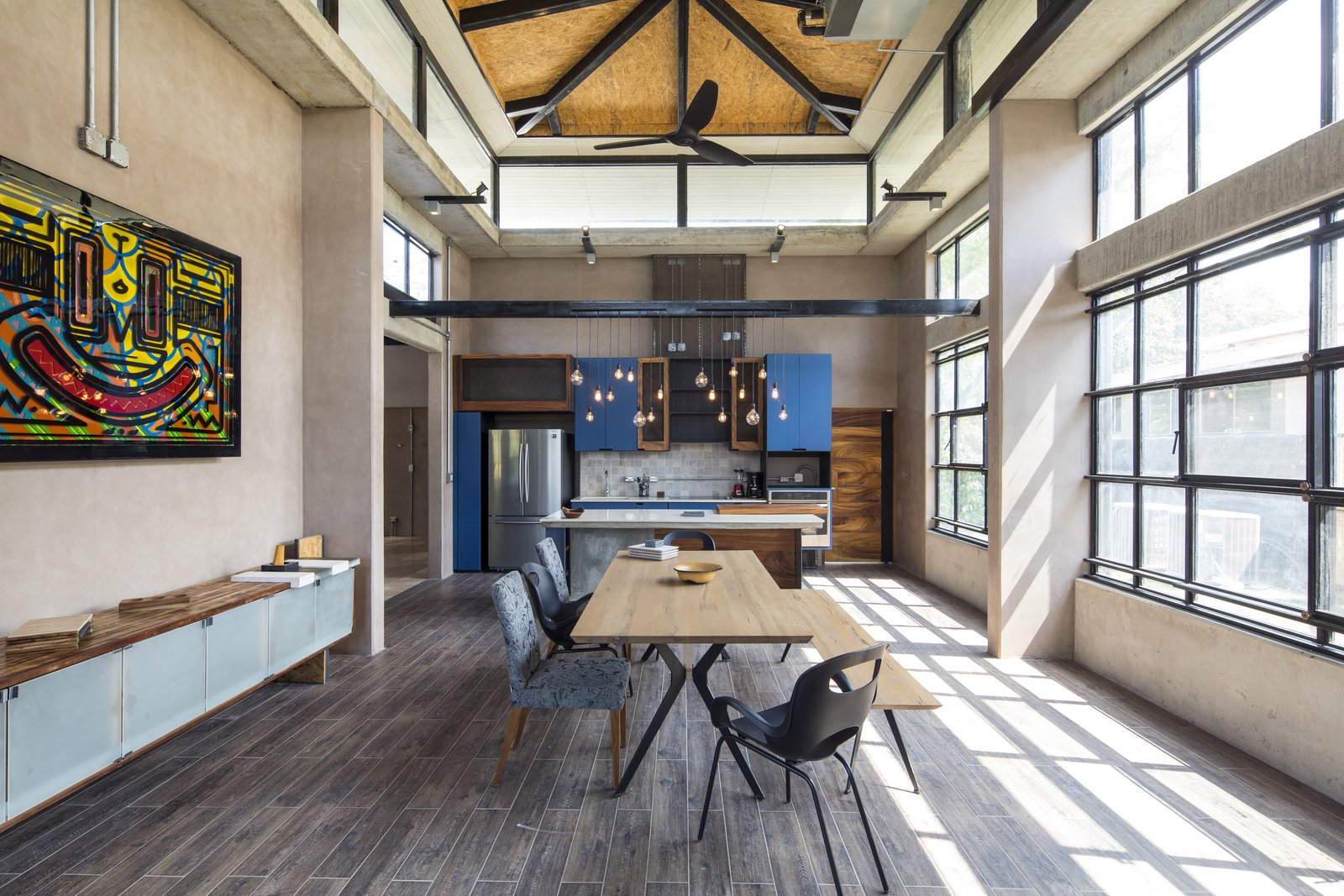 A bright, open-plan dining and kitchen area.