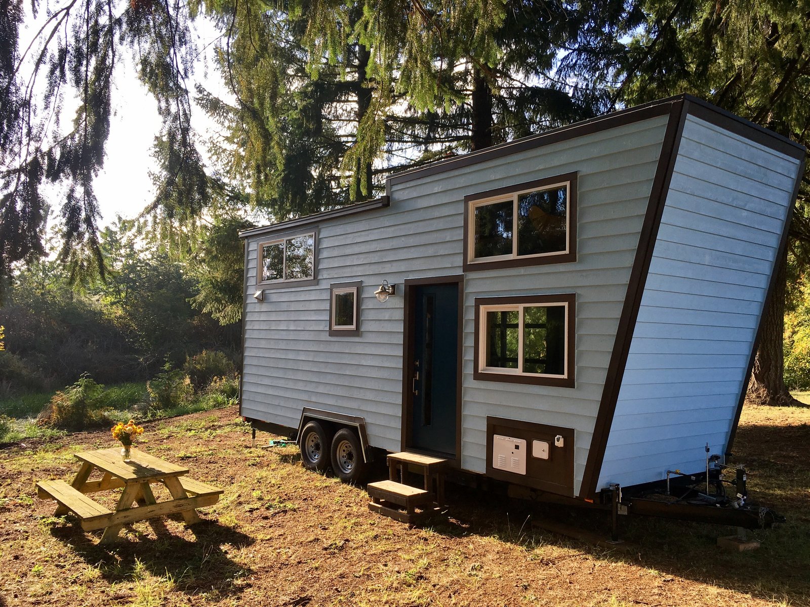The back side of the trailer where the front door is located.