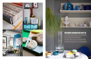 Photography: Signe Birck, Styling by Marcus Hay for SMH, Inc. These photos show our office in Chelsea, Manhattan which is an extension of Marcus's apartment. A small but functional space, This is where it all happens. We used shelves and a desk from Blu Dot and a Tulip Table and Eames chairs from DWR. 