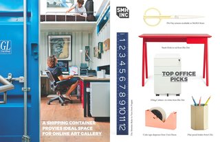 Left: In his home office which happens to be a converted shipping container, Wardell runs his art gallery Chester's Blacksmith Shop. His nephew peeks down from the "napping nook" above. Right: SMH, Inc's top picks for office furniture and accessories. Images courtesy of Hay, Poppin, Bu Dot, Tom Dixon and CB2. The main image appears on www.dwell.com 