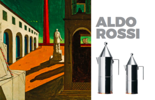 Inspiring Icons/ Aldo Rossi - Photo 3 of 9 - Left: Painting bt Aldo Rossi, Right La Conica Coffee pot for Alessi