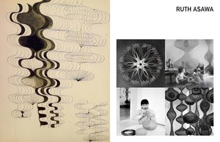 Inspiring Icons / Ruth Asawa - Photo 3 of 5 - Left: Sketch by Ruth Asawa, Right: Clockwise: Tied, Photo of Ruth and her children by Imogen Cunningham, Ruth in her home, phot by Imogen Cunnningham, Untiled, 1950's