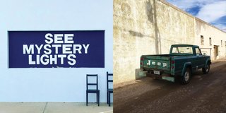 Instagram / Marfa / Texas - Photo 4 of 6 - Left: The Mystery Lights sign at Thunderbird, Right: Vintage Jeep parked, Photography: Marcus Hay for SMH, Inc 