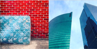 Instagram / Chigago / Illinois - Photo 3 of 6 - Left: North of the city and abandoned sky blue mattress against a red brick wall, Right: Skyscrapers face off