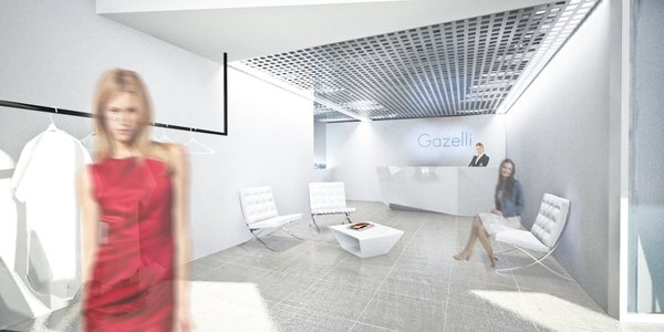 Design elements of the interior are reduced to minimum, in order to keep the focus on functionality. In accordance to this idea, one big portion of the lighting systems is hang above the working area and another is integrated into the ceiling, as if directing the customer from the entrance to the reception desk. The black tubes, purposed as hangers, simplistically ornament the white walls. Photo 2 of Gazzeli modern home