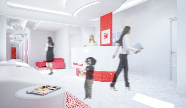 The interior is dominated by white color, as a representation of cleanness. The smooth, curvy entrance hall expands into the waiting room. The red design elements are derived from the two-colored logo of the clinic.
Despite the limitations presented by formerly existed layout, to which the new aesthetics had to be applied, current design came to life as a harmonious piece of its own.
Photo 4 of Kuzanov Clinic modern home