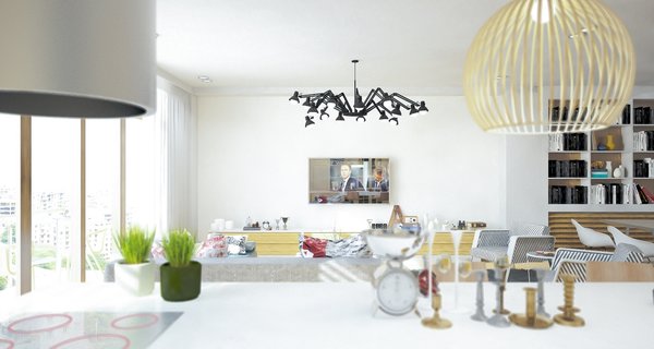 Previously existing walls were brought down, in order to create an open space, unifying a kitchen, a dining room and a living room. Merging aesthetic continues on to the bedroom, where two sinks and the wardrobe become the part of the room, as opposed to traditional approach of keeping them locked away from eye.
The apartment overlooks the city and the mountains, and for the outer visual richness to be fully embraced, the windows were enlarged to the wall scale.
Photo 12 of Double N Residence modern home