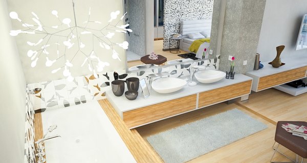 Previously existing walls were brought down, in order to create an open space, unifying a kitchen, a dining room and a living room. Merging aesthetic continues on to the bedroom, where two sinks and the wardrobe become the part of the room, as opposed to traditional approach of keeping them locked away from eye.
The apartment overlooks the city and the mountains, and for the outer visual richness to be fully embraced, the windows were enlarged to the wall scale.
Photo 16 of Double N Residence modern home