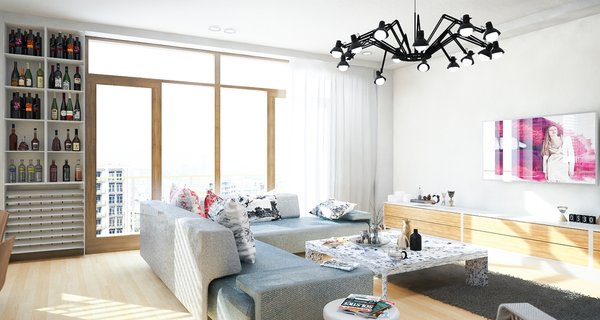 Previously existing walls were brought down, in order to create an open space, unifying a kitchen, a dining room and a living room. Merging aesthetic continues on to the bedroom, where two sinks and the wardrobe become the part of the room, as opposed to traditional approach of keeping them locked away from eye.
The apartment overlooks the city and the mountains, and for the outer visual richness to be fully embraced, the windows were enlarged to the wall scale.
Photo 5 of Double N Residence modern home