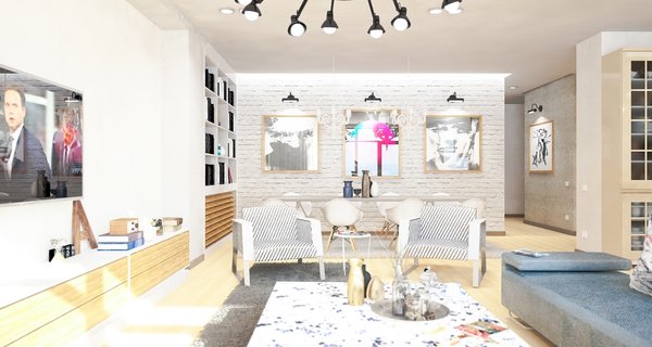 Previously existing walls were brought down, in order to create an open space, unifying a kitchen, a dining room and a living room. Merging aesthetic continues on to the bedroom, where two sinks and the wardrobe become the part of the room, as opposed to traditional approach of keeping them locked away from eye.
The apartment overlooks the city and the mountains, and for the outer visual richness to be fully embraced, the windows were enlarged to the wall scale.
Photo 9 of Double N Residence modern home