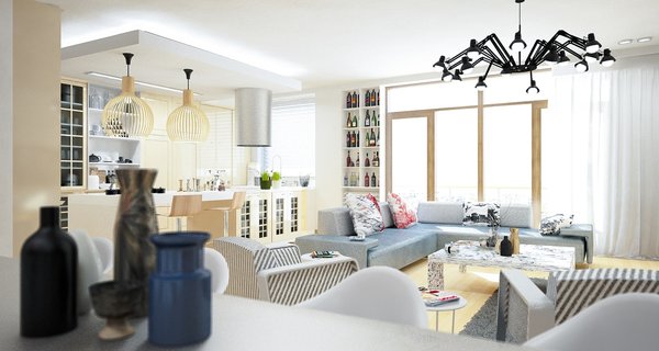 Previously existing walls were brought down, in order to create an open space, unifying a kitchen, a dining room and a living room. Merging aesthetic continues on to the bedroom, where two sinks and the wardrobe become the part of the room, as opposed to traditional approach of keeping them locked away from eye.
The apartment overlooks the city and the mountains, and for the outer visual richness to be fully embraced, the windows were enlarged to the wall scale.
Photo 4 of Double N Residence modern home
